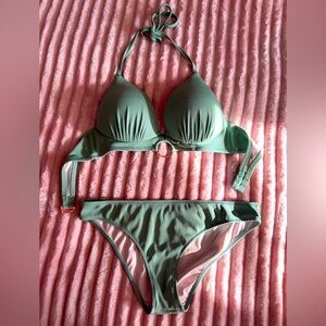 Shade & Shore Push-Up Ribbed Long Line Ring Front Triangle Bikini Top 36C